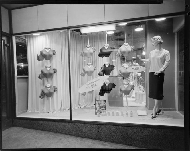 Window display for Rodfield Woollens, James Smith Ltd.. K E Niven and Co :Commercial negatives. Ref: 1/2-211381-F. Alexander Turnbull Library, Wellington, New Zealand. http://natlib.govt.nz/records/23102517