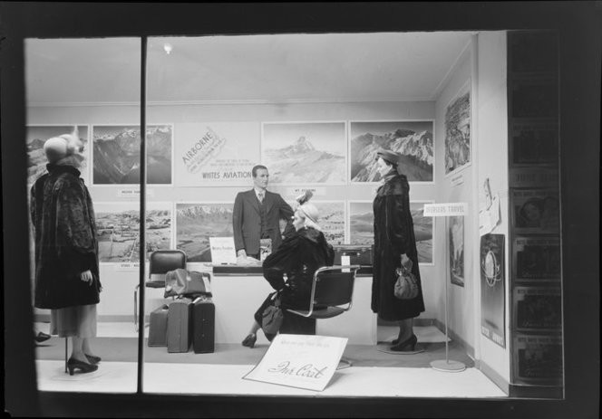 White's display window in Rendell's department store, Waitakere. Whites Aviation Ltd :Photographs. Ref: WA-20543-F. Alexander Turnbull Library, Wellington, New Zealand. http://natlib.govt.nz/records/23203586